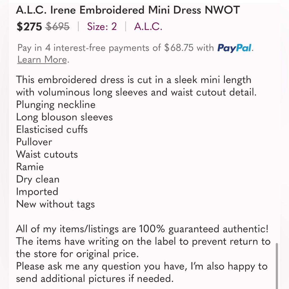 A.L.C. Irene Embroidered Mini Dress NWOT - Picture 6 of 6
